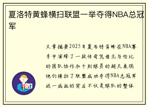 夏洛特黄蜂横扫联盟一举夺得NBA总冠军